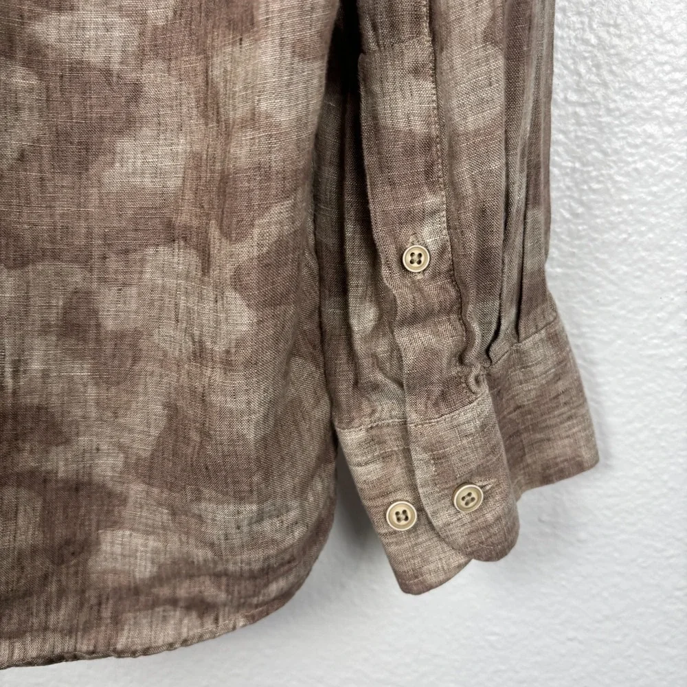 Joseph Abboud 100% Linen Camo Button Up Shirt Men's Large Brown Roll Tab Casual